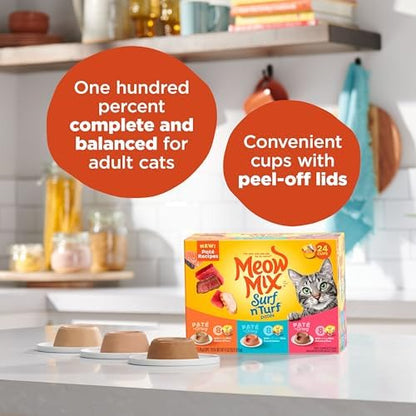 Meow Mix Paté in Gravy Wet Cat Food Variety Pack, Surf n’ Turf Patés 2.75 Ounce (Pack of 24)