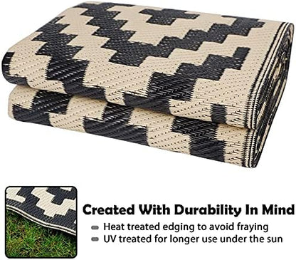 SAND MINE Waterproof Outdoor Rug 5x8 ft, Plastic Reversible Rug, Modern Area Rug, Large Floor Mat for Outdoors, RV, Patio, Backyard, Deck, Picnic, Beach, Camping, Black & Beige
