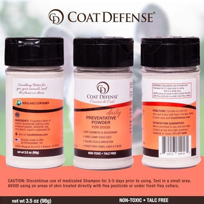 COAT DEFENSE Preventative Powder | Made in USA | 3.5oz Waterless Dog Shampoo & Pet Deodorizer for Smelly Dogs | Provides Anti Itch Relief | Dog Shampoo for Dry Itchy Skin & Smelly Dogs