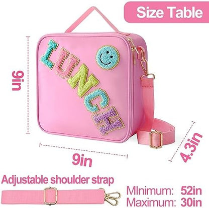 Insulated Lunch Bag With Adjustable Shoulder Strap, Nylon Preppy Lunch Box Large Insulated Lunch Bag Reusable Lunch Tote Bag with Smiley Preppy LunchBag for Girls School Travel Picnic (Pink)