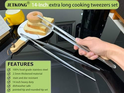 JETKONG 2 Pcs 14-Inch Food Tweezers Stainless Steel Tweezer Tongs Extra-Long Cooking Tweezers (Silver)