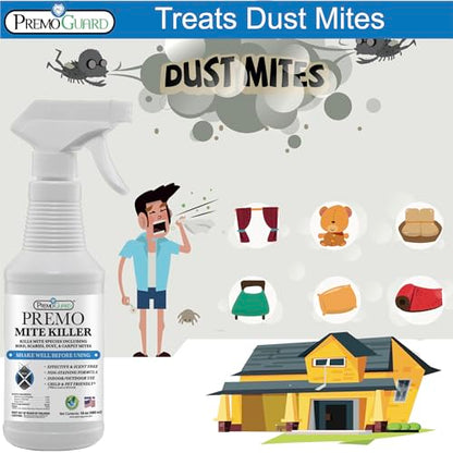 Premo Guard Mite Treatment Spray – 16 oz – Kills Dust, Scabies, Spider, Carpet, Bird, Mouse & Rat Mites in Home, on Furniture, Bedding – Natural Non-Toxic 100% Effective – Child & Pet Safe