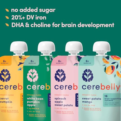 Cerebelly Organic Baby Food Pouches Variety Pack – Organic Veggie Purees for Toddlers | No Added Sugar, Fiber, Non-GMO | Blended Toddler Pouches | 4 Ounce BPA-Free Pouch | 4 Flavors | 8 Count