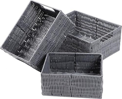 Plastic Wicker Basket Set of 3, Handmade Storage Basket for Organizing with Handles, Storage Bins for Home Kitchen Countertop, Shelf Organizer, Waterproof, Gray