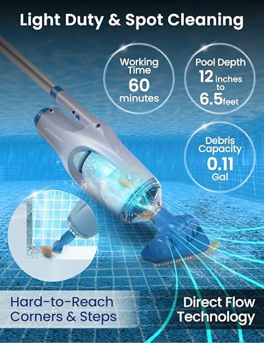 KOKIDO (2025) Rechargeable Handheld Pool Vacuum, Aluminum Pole and 2 Brush Heads, 10GPM flowrate Ideal for Pools up to 20ft, Cordless 60 mins Spot Cleaning, Above Ground Pool, Hot Tub & Spa XV110
