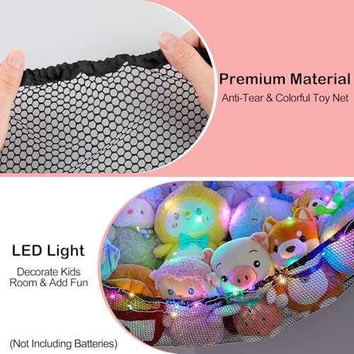 Unicorn Castle Stuffed Animals Net or Hammock Kids Toy Storage Organizer with LED Light Hanging Corner Stuffed Animals Holder Kids Girls Room Decor (Pack of 1)