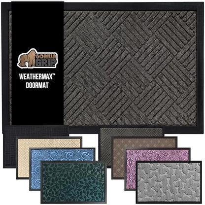 GORILLA GRIP 100% Waterproof All-Season WeatherMax Doormat US Designed Natural Rubber, Stain and Fade Resistant, Low Profile Indoor Outdoor Door Mats, Easy Clean Patio Mat, 17x29, Gray Diamond