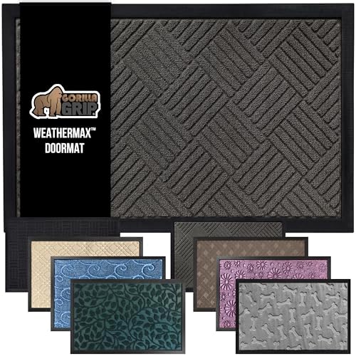 GORILLA GRIP 100% Waterproof All-Season WeatherMax Doormat US Designed Natural Rubber, Stain and Fade Resistant, Low Profile Indoor Outdoor Door Mats, Easy Clean Patio Mat, 17x29, Gray Diamond