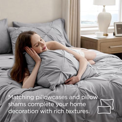 Bedsure Queen Comforter Set Grey - Bed in a Bag Queen Size 7 Pieces, GentleSoft™ Pintuck Bed Set Gift for Family, Pinch Pleat All Season Comforter with Sheets, Pillowcases & Shams