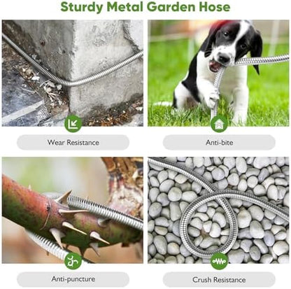 Garden Hose Metal 100FT, Stainless Steel Heavy Duty Water Hose With 10 Function Nozzle, No-Kink, Tough & Flexible, Sturdy and Lightweight, Rust Proof for Yard, Outdoor, RV