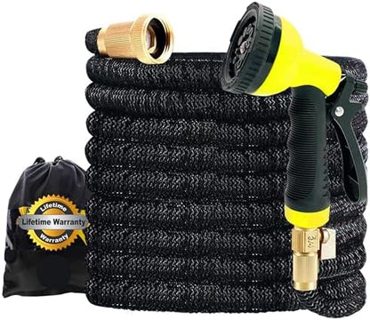 J&B XpandaHose 75ft Expandable Garden Hose with Holder - Heavy Duty Superior Strength 3750D - 4 -Layer Latex Core - Extra Strong Brass Connectors and 10 Spray Nozzle w/Storage Bag (Black 75)
