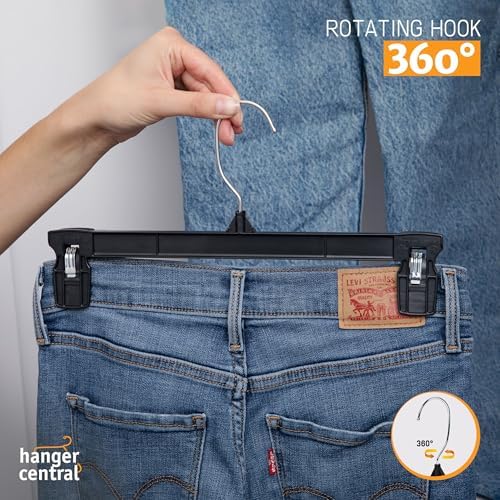 Hanger Central 30 Pack Pants Hangers – 12 Inch Slim Plastic Clothes Hangers with Clips for Skirts, Shorts & Trousers – Non Slip Grip, Heavy Duty Space Saver with Swivel Hook – Black Closet Organizer