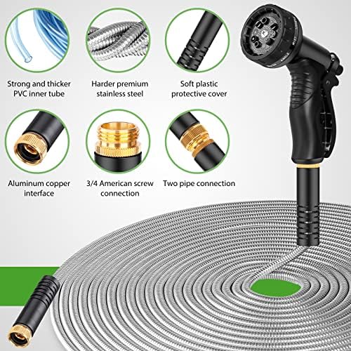 Garden Hose Metal 100FT, Stainless Steel Heavy Duty Water Hose With 10 Function Nozzle, No-Kink, Tough & Flexible, Sturdy and Lightweight, Rust Proof for Yard, Outdoor, RV