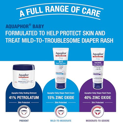 Aquaphor Baby Diaper Rash Cream, 3-in-1 Diaper Rash Relief, 3.5 Oz Tube, (Pack of 3)