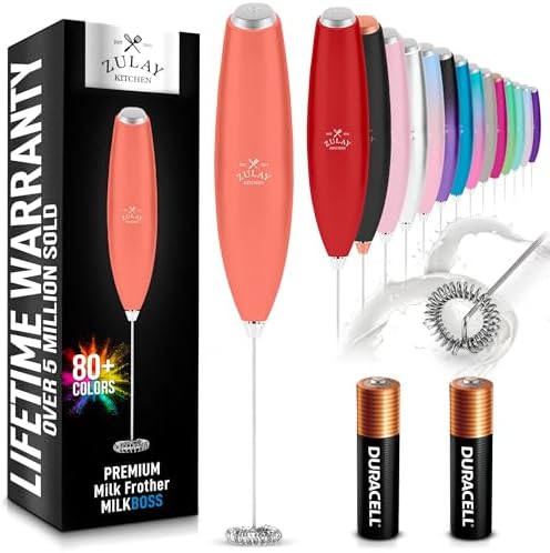Zulay Kitchen Handheld Milk Frother with Duracell AA Batteries – Ultra Fast Electric Mixer & Foam Maker, Easy-Clean Drink Mixer for Coffee & More Peach n Cream