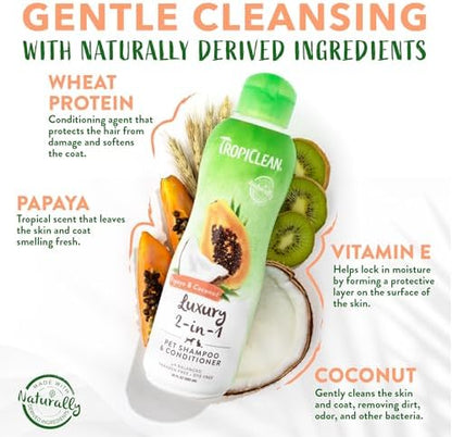 TropiClean 2-in-1 Dog Shampoo and Conditioner, Moisturizing Dog Detangler, Puppy Safe, Made in the USA, Papaya Scent, Cat & Kitten Safe, 20oz.