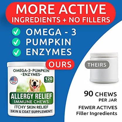 BARK&SPARK Dog Allergy Relief Chews - Anti-Itch Skin & Coat Supplement - Omega 3 Fish Oil - Itchy Skin Relief Treatment Pills - Itching&Paw Licking - Dry Skin&Hot Spots - (120 Immune Treats - Chicken)