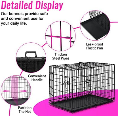 FDW Dog Crate for Large Dogs 48 Inch Folding Metal WirePet Cage Double Door W/Divider Panel Indoor Outdoor Kennel Leak-Proof Plastic Tray,Black
