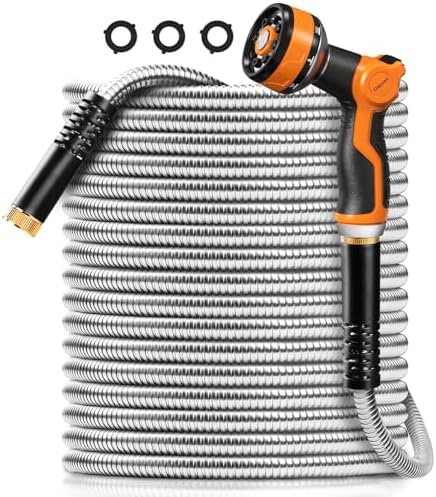 Omont Metal Garden Hose 25FT, Heavy Duty 304 Stainless Steel Water Hoses with Nozzle, Flexible Garden Hose, Lightweight, Rust Proof, No-Kink & Tangle for Yard, Outdoor, RV