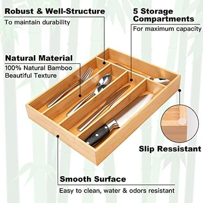 Silverware Organizer Kitchen Drawer Organizer Utensil Organizer Bamboo Silverware Holder Cutlery Organizer in Drawer Flatware Organizer Tray(5 slots, Natural