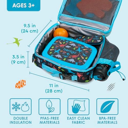 Bentgo Kids Lunch Bag - Double-Insulated, Reusable Lunch Bag for Kids 3+ with Adjustable Strap; Holds Lunch Box/Water Bottle/Snacks; Easy-Clean, Water-Resistant & Pockets (Dinosaur)