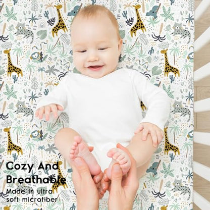 Yoofoss Baby Crib Sheets for Boys Girls, Fitted Crib Sheet 2 Pack for Standard Crib and Toddler Mattress, Super Soft Microfiber Baby Sheet 28x52x8in Green + Giraffe