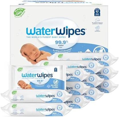 WaterWipes Original Baby Wipes, 99.9% Water, 3-In-1 Cleans, Cares, Protects, Unscented & Hypoallergenic, 720 Count (12 Packs), Packaging May Vary