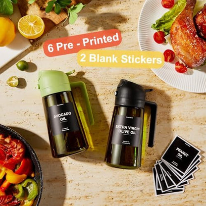 CXINYI - 16oz/470ml Olive Oil Dispenser for Kitchen with Stickers - 2 in 1 Olive Oil Sprayer for Cooking, Air Fryer, and Salad, Black&Green (Light-Proof Kitchen Gadget)