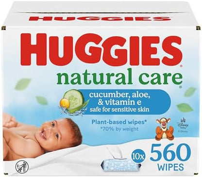 Huggies Natural Care Cucumber, Aloe and Vitamin E Baby Wipes, Hypoallergenic, Scented, 10 Flip-Top Packs (560 Wipes Total), Packaging May Vary
