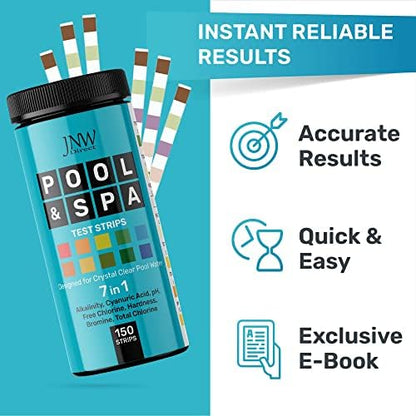 JNW 7-in-1 Pool Test Strips, 150 Quick & Accurate Test Strips for Pool Water, Spa Test Strips for Hot Tub, Chlorine Test Strips, Bromine, pH, Alkalinity, Hardness & More - Swimming Pool Test Kit