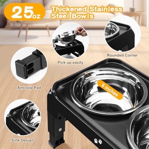 Elevated Dog Bowls for Small Medium Dogs, 3 Height Adjustable Raised Stand with 2 Thick 6" Stainless Steel Food Bowls, Non-Slip Feeder Adjusts to 2.75", 6", 7.5", Black