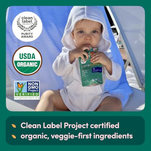 Cerebelly Organic Baby Food Pouches Variety Pack – Organic Veggie Purees for Toddlers | No Added Sugar, Fiber, Non-GMO | Blended Toddler Pouches | 4 Ounce BPA-Free Pouch | 4 Flavors | 8 Count