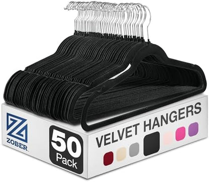 Zober Velvet Hangers 50 Pack - Black for Coats, Pants & Dress Clothes - Non Slip w/ 360 Degree Swivel, Holds up to 10 lbs - Strong Felt Hangers for Clothing