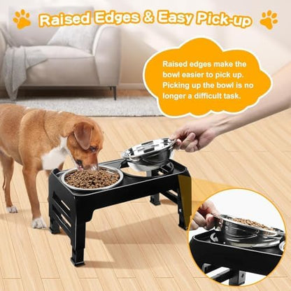Elevated Dog Bowls for Small Medium Dogs, 3 Height Adjustable Raised Stand with 2 Thick 6" Stainless Steel Food Bowls, Non-Slip Feeder Adjusts to 2.75", 6", 7.5", Black