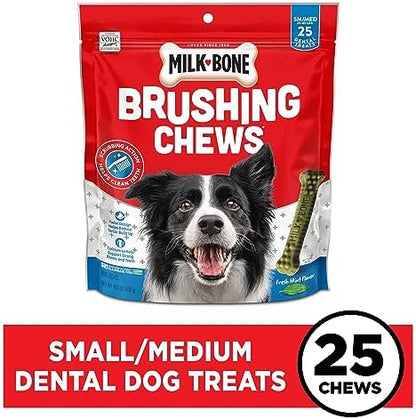 Milk-Bone Brushing Chews Daily Dental Dog Treats, Fresh Mint Flavor, Small/Medium, 25 Count