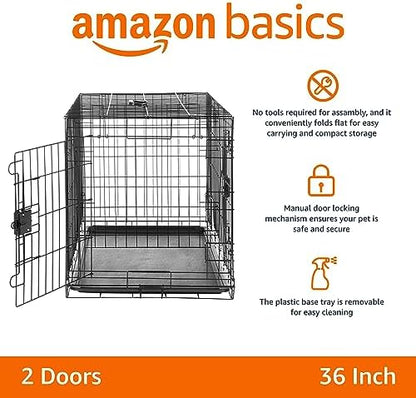 Amazon Basics Durable, Foldable Metal Wire Dog Crate with Tray, Double Door, 36 x 23 x 25 in, Black