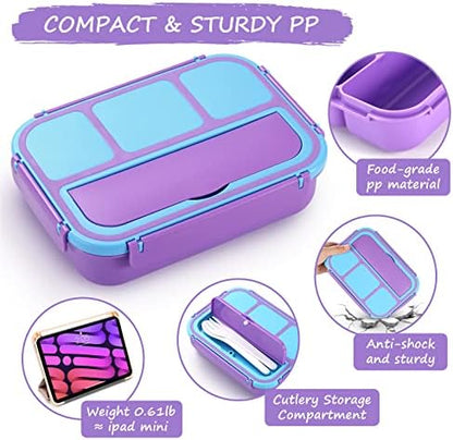 QQKO Bento Lunch Box for Kids Girls Boys, Toddler Kids Lunch Boxes for School, Lunch Containers for Adults with 4 Compartments, Sauce Container, Utensils, Food Picks and Muffin Cups, Purple