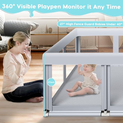 74" ×50" Large Baby Playpen, Baby Playard for Babies and Toddlers, Baby Fence Play Pens for Indoor & Outdoor, Sturdy Safety Play Yard with Soft Breathable Mesh, Anti-Fall, Grey