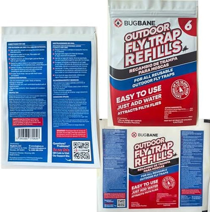 Fly Bait Fly Trap Refill Packets 6x1oz. Non Toxic Dissolvable Granules Work with All Reusable Flies Traps Outdoors Attractant. Flies Trap Bait Magnet Ranch Flytrap Outdoors. Cebo para Moscas