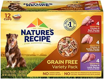 Nature's Recipe Nature’s Recipe 2.75 Ounce Grain Free Chicken & Beef, Chicken & Turkey, Chicken & Lamb Wet Dog Food Variety Pack, 12 Pack, 2 Count Case