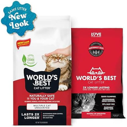 WORLD'S BEST CAT LITTER Multiple Cat Unscented, 15-Pounds - Natural Ingredients, Quick Clumping, Flushable, 99% Dust Free & Made in USA - Long-Lasting Odor Control & Easy Scooping