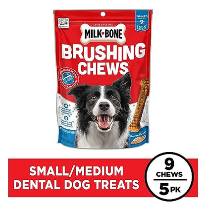 Milk-Bone Original Brushing Chews, Small/ Medium Daily Dental Dog Treats, 9 Count (Pack of 5) Scrubbing Action Helps Clean Teeth