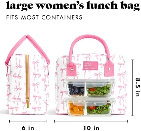 Fit & Fresh Bloomington Lunch Bag for Women - Insulated Large Lunch Box for Work with Containers, Leak-Resistant, Stain-Resistant, Zipper Closure, Pink Bows