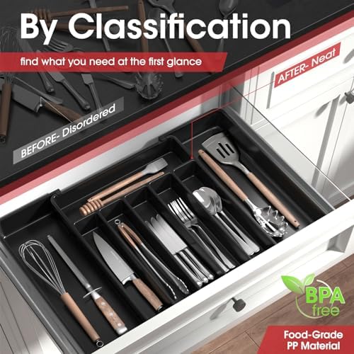 Aujen Silverware Organizer - Expandable Kitchen Drawer Organizer, Adjustable Utensil Organizer, Cutlery Tray for Forks, Knives, Multipurpose Kitchen Organizers and Storage Solution, Black, Large