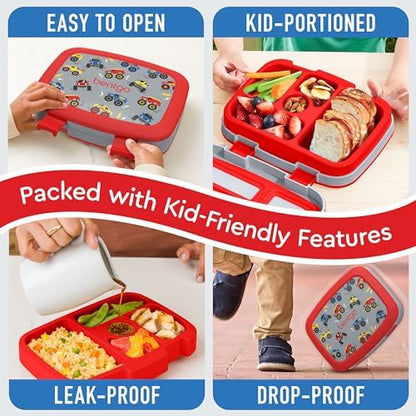 Bentgo Kids Prints Leak-Proof, 5-Compartment Bento-Style Kids Lunch Box - Ideal Portion Sizes for Ages 3-7, Durable, Drop-Proof, Dishwasher Safe, & PFAS & BPA-Free Materials (Trucks)