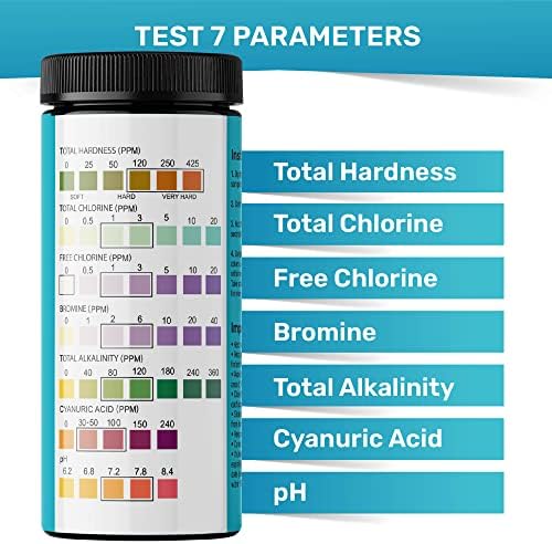 JNW 7-in-1 Pool Test Strips, 150 Quick & Accurate Test Strips for Pool Water, Spa Test Strips for Hot Tub, Chlorine Test Strips, Bromine, pH, Alkalinity, Hardness & More - Swimming Pool Test Kit