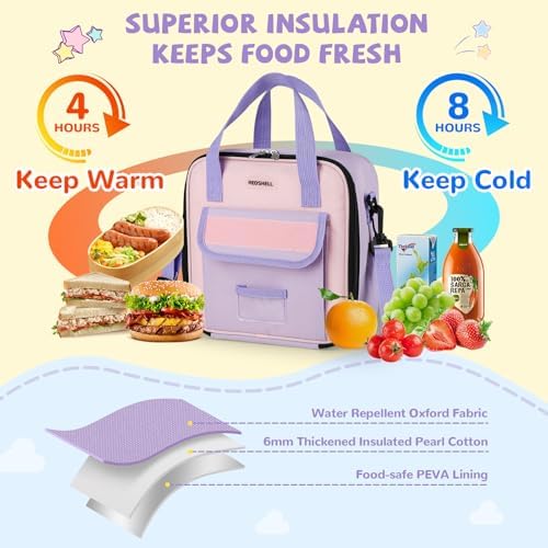 REDSHELL Tactical Lunch Box Kids, Large Insulated Lunch Bag for Girls, Cooler Lunchbag, Square Toddler Lunchbox, Back to School Daycare Lunch Tote Pail with Water Bottle Holder Shoulder Strap, Purple