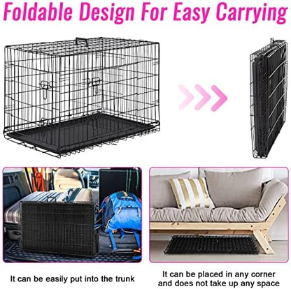 FDW Dog Crate for Large Dogs 48 Inch Folding Metal WirePet Cage Double Door W/Divider Panel Indoor Outdoor Kennel Leak-Proof Plastic Tray,Black