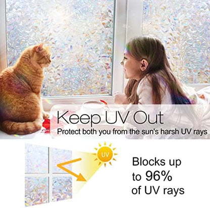 rabbitgoo Window Privacy Film Rainbow Film Decorative Window Sticker, 3D Static Stained Glass Cling Tint for Home Heat Control Non-Adhesive, 23.6 x 78.7 inches