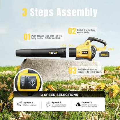 Leaf Blower Cordless, 650CFM & 3 Speed Levels, Electric Cordless Leaf Blower with 2 * 5.0Ah Battery Powered, Blowers for Lawn Care, Yard, Blowing Leaves, Dust, Snow